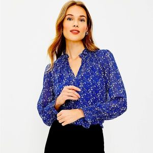 Loft Vine Ruffled Tie Neck Blouse - Blue with white flowers